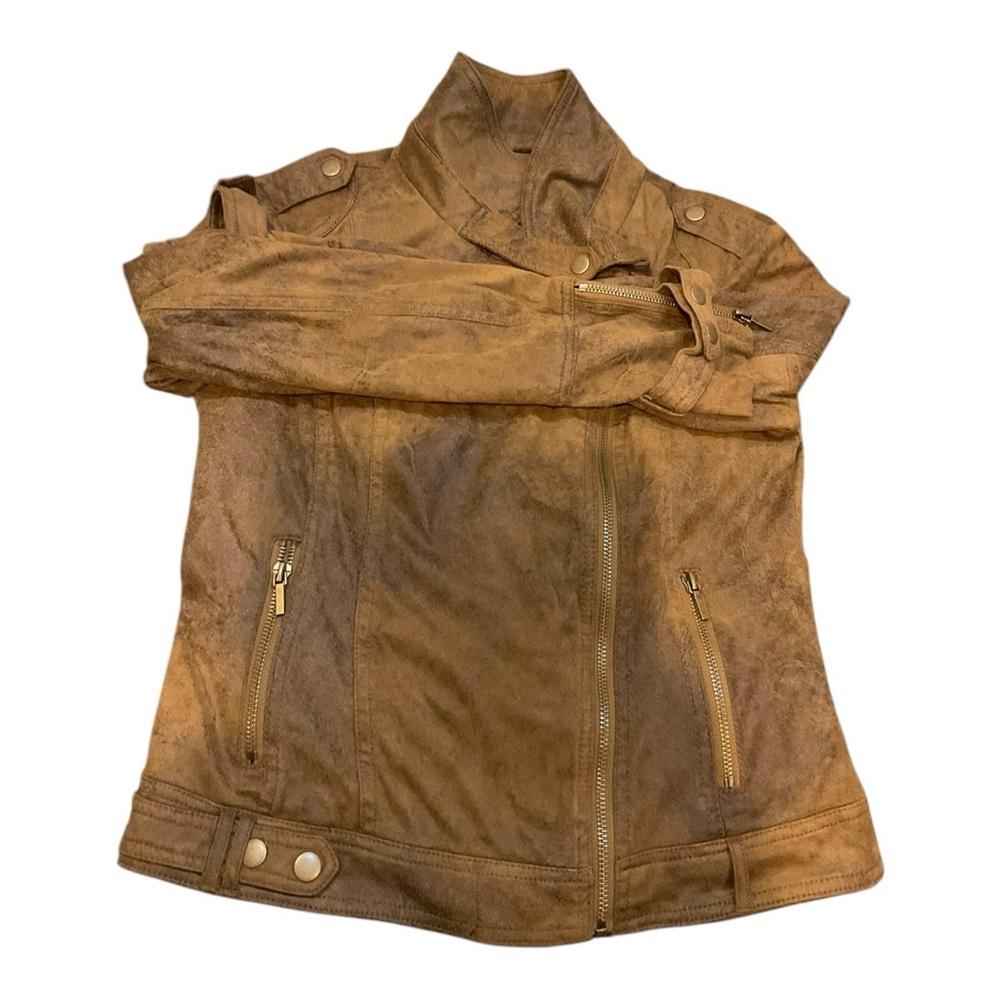 BNCI Blanc Noir Women’s Brown Moto Zipper Biker Vegan Suede Jacket Size Small - Picture 11 of 15